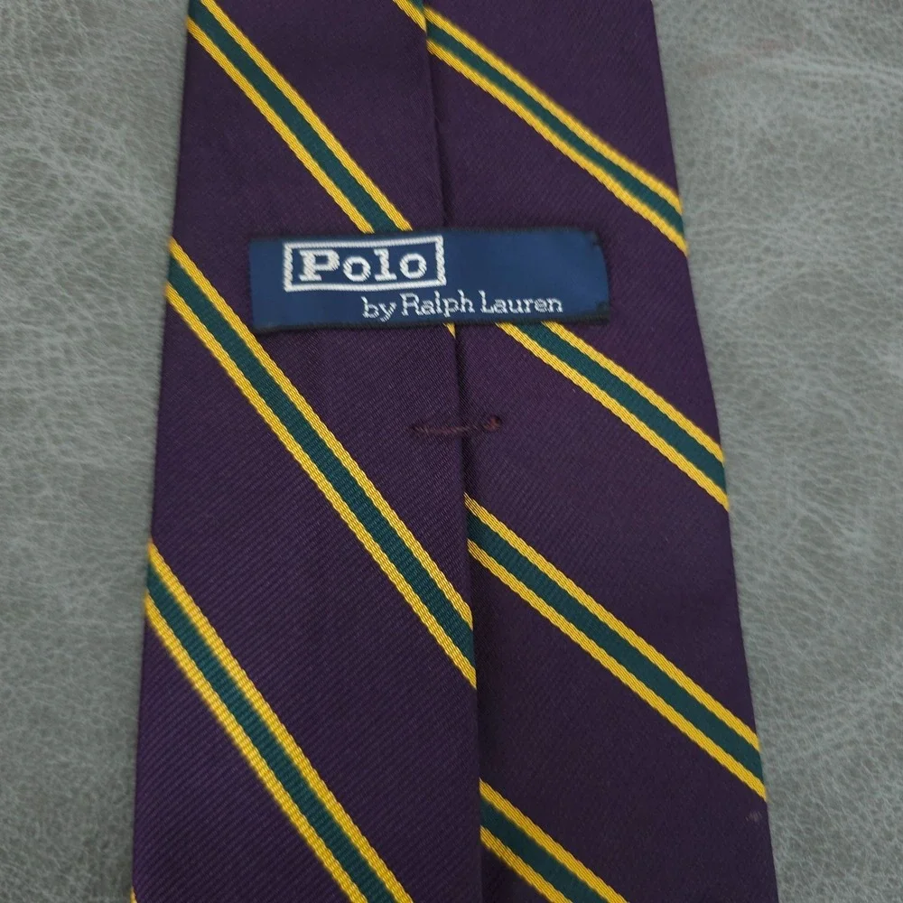 Polo Ralph Lauren Tie Mens Silk Purple Green Gold Regimental Stripe USA Necktie